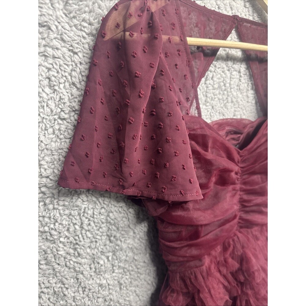LULUS Elegant Red Wine Cocktail Dress Size S Dot Tullie Ruffles NWT - Picture 5 of 11